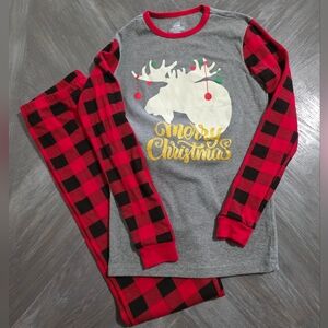 Festive Moose Kids Pajama Set - Gray and Red Plaid Size 14 Unisex